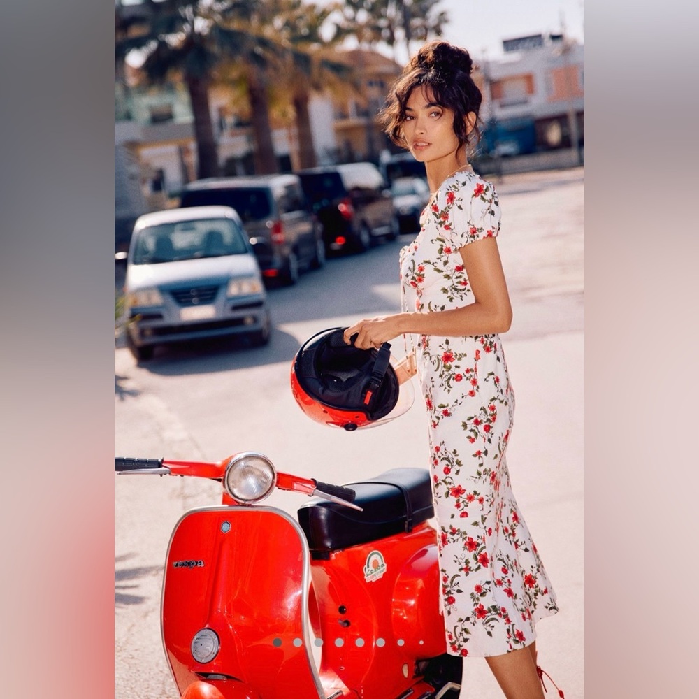 Maeve linen blend puff sleeve sweetheart midi dress